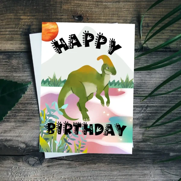 Fun Parasaurolophus card for children’s birthdays – watercolor style