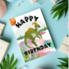 Happy Birthday card with Parasaurolophus dinosaur and fantasy scenery