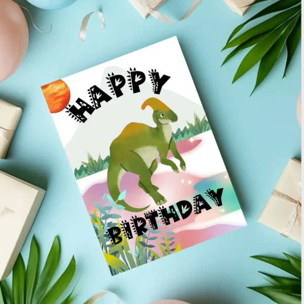 Happy Birthday card with Parasaurolophus dinosaur and fantasy scenery
