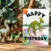 Dinosaur-themed birthday card with colorful prehistoric background