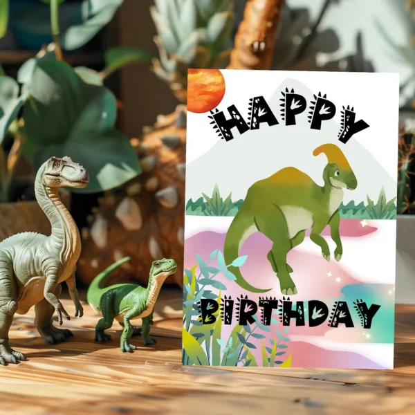Dinosaur-themed birthday card with colorful prehistoric background