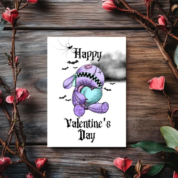 Printable Valentine's Day card showing a purple teddy bear with a heart, surrounded by dark clouds and flying bats.