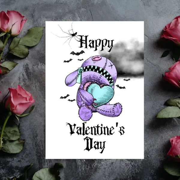 Cute Gothic Valentine's card with a teddy bear holding a heart, featuring a dark cloud and bats in the background.
