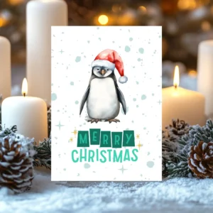Christmas penguin greeting card with “Merry Christmas” message and falling snow