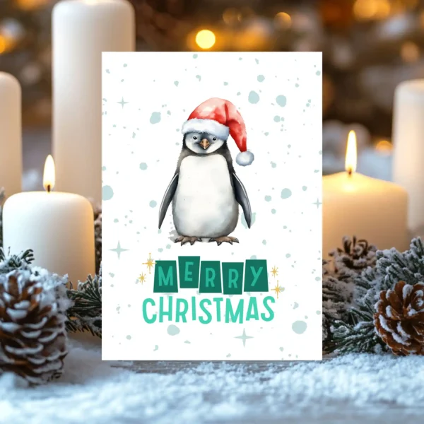 Christmas penguin greeting card with “Merry Christmas” message and falling snow