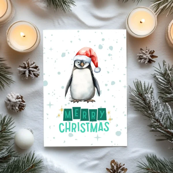 Digital card with a cheerful penguin in red Santa hat against a wintry backdrop