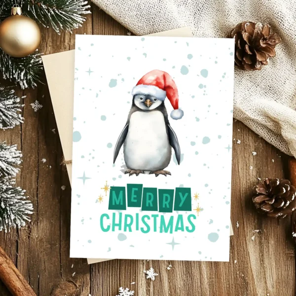 Cute penguin wearing a red Santa hat in a snowy landscape with "Merry Christmas" text