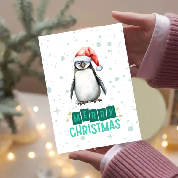 Penguin holiday card design with festive hat and winter snowfall