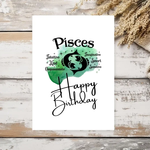A printable birthday card for Pisces, showcasing character traits against a soothing green watercolor background.