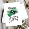 Birthday card for Pisces, highlighting traits with a calming green watercolor background symbolizing the water element.