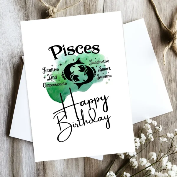 Birthday card for Pisces, highlighting traits with a calming green watercolor background symbolizing the water element.