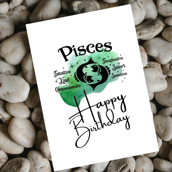 Pisces-themed birthday card featuring character traits, set on a vibrant green watercolor background for the water element.