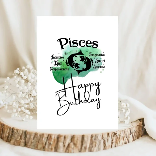 Printable Pisces birthday card featuring character traits on a green watercolor background representing the water element.