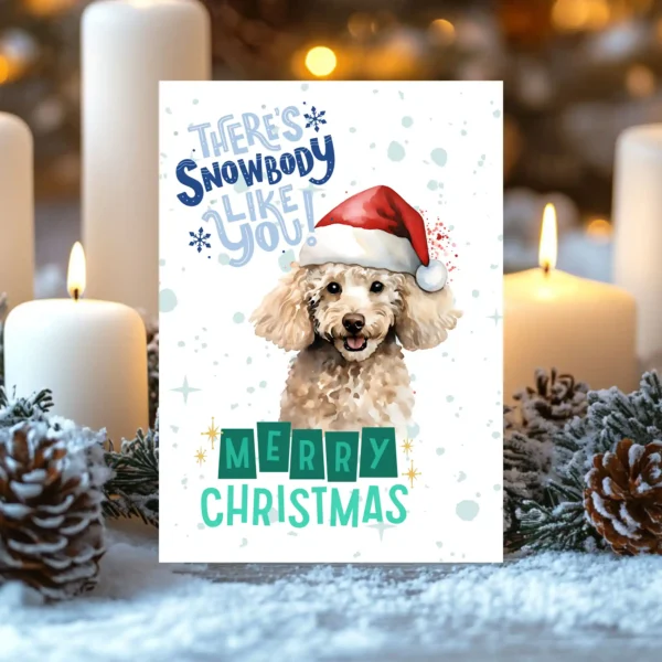 Digital Christmas card featuring a festive Poodle in a Santa hat