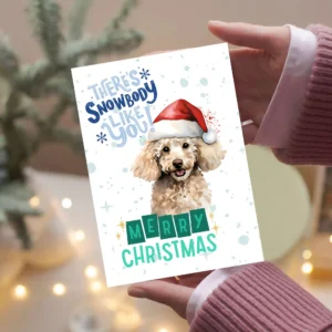 Adorable Poodle in Santa hat and snow – perfect for holiday greetings