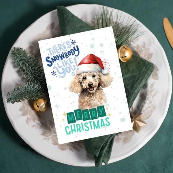 Cute Poodle holiday card with wintry scene and Christmas cheer