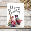 Charming printable birthday card showcasing a purple hummingbird and floral watercolor design, perfect for any birthday celebration.