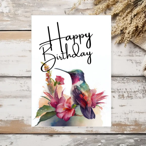 Charming printable birthday card showcasing a purple hummingbird and floral watercolor design, perfect for any birthday celebration.