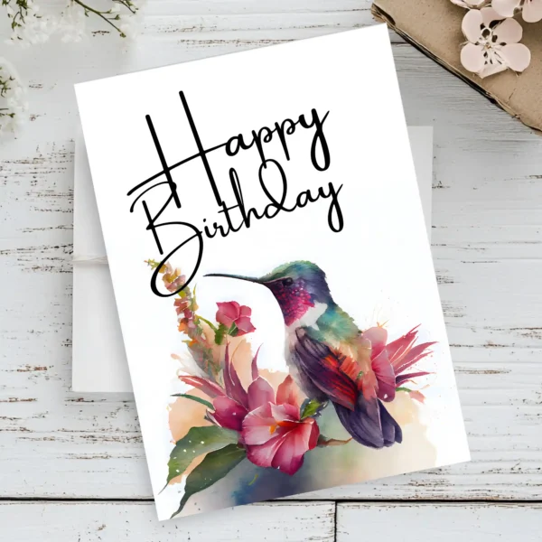 Delightful watercolor birthday card featuring a purple hummingbird and flowers, great for sharing birthday joy with loved ones.