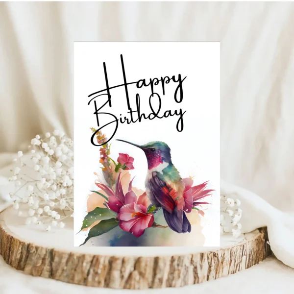 Beautiful purple hummingbird birthday card in watercolor style, adorned with flowers, perfect for a heartfelt birthday greeting.