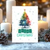 Unique rainbow Christmas tree greeting card with watercolor style and holiday cheer