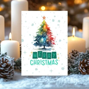 Unique rainbow Christmas tree greeting card with watercolor style and holiday cheer