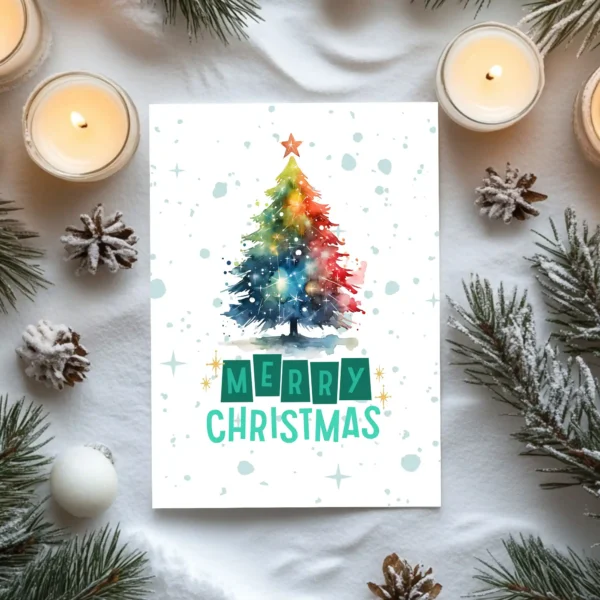Watercolor rainbow Christmas tree with snow and “Merry Christmas” text