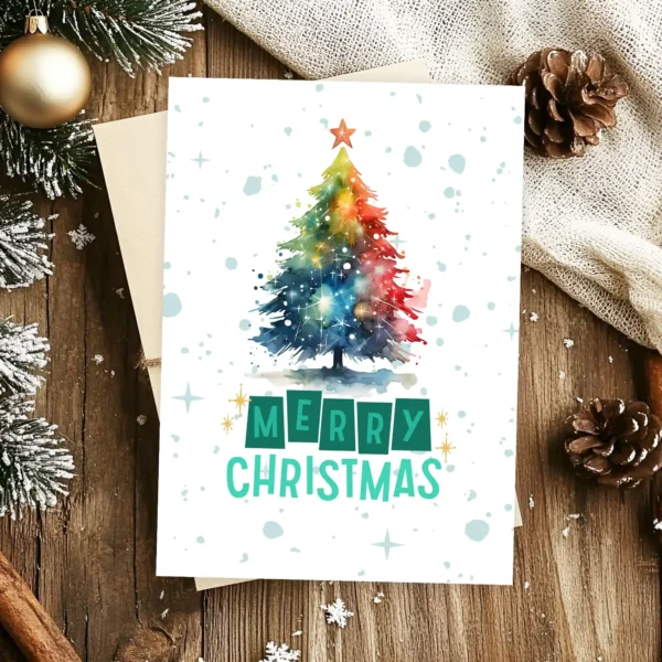 Vibrant rainbow-colored Christmas tree on a snowy background with festive message