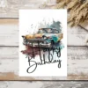 Bright yellow birthday card with a vintage car illustration, watercolor style, perfect for Dad's birthday wishes.