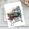 Joyful birthday card featuring a watercolor vintage car in yellow, designed to celebrate Dad's special day.