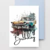 Cheerful printable birthday card with a vintage car design in yellow watercolor, ideal for Dad's birthday celebration.