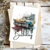 Happy birthday card showcasing a retro car in watercolor, designed in yellow for a special celebration for Dad.
