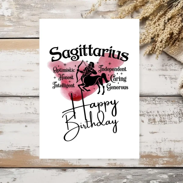 Festive Sagittarius birthday card highlighting character traits against a striking red watercolor background for fire energy.