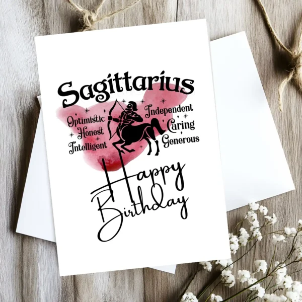 Printable Sagittarius birthday card with traits illustrated on a red watercolor background, embodying the fire element.