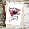 Printable Sagittarius birthday card featuring character traits on a red watercolor background representing the fire element.