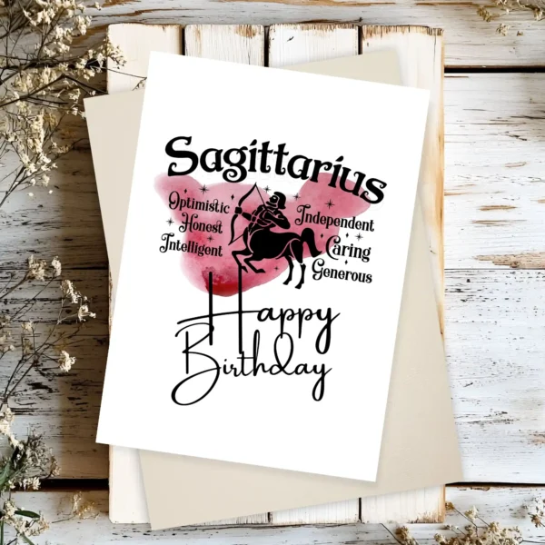 Printable Sagittarius birthday card featuring character traits on a red watercolor background representing the fire element.