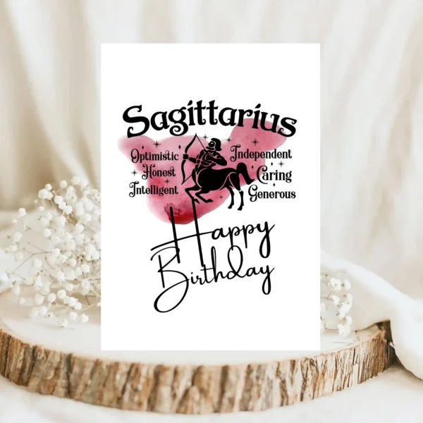 Sagittarius birthday card with character traits, designed with a vibrant red watercolor background for the fire element.