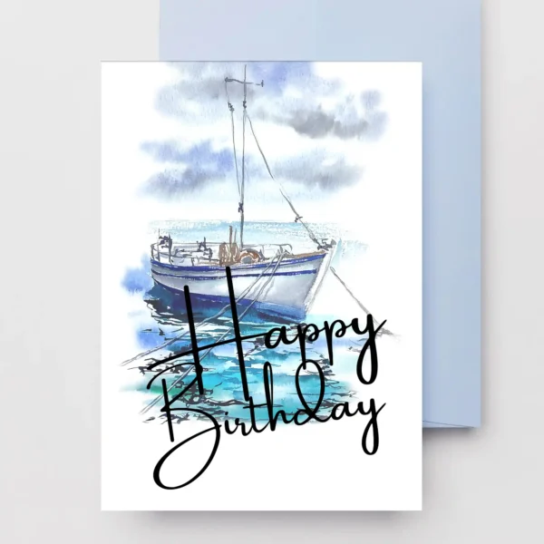 Printable birthday card with a watercolor sailboat, perfect for celebrating Dad's special day with a joyful message.