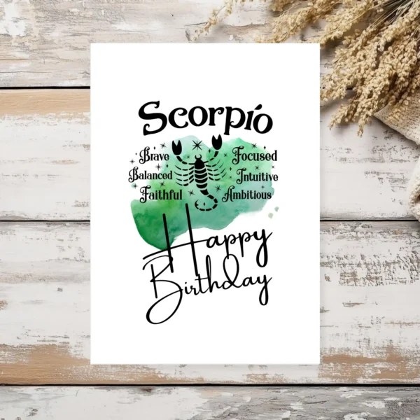 Scorpio birthday card with character traits, designed with a green watercolor background symbolizing the water element.