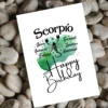 A Scorpio birthday card showcasing character traits, set against a calming green watercolor background for the water element.