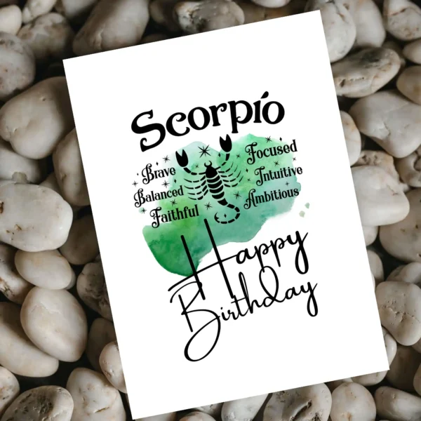 A Scorpio birthday card showcasing character traits, set against a calming green watercolor background for the water element.