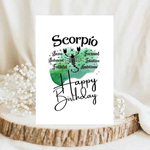 Birthday card for Scorpio, highlighting character traits on a soothing green watercolor background that reflects the water element.