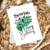 Printable Scorpio birthday card featuring character traits on a green watercolor background representing the water element.