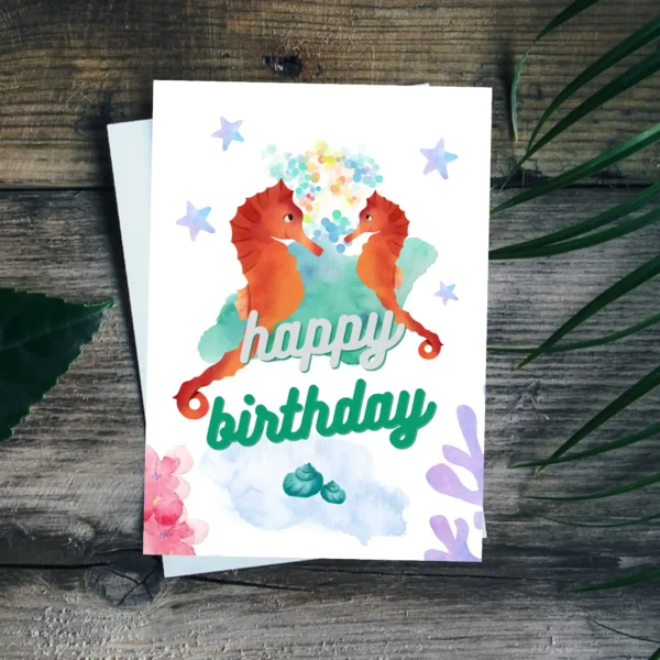 Seahorse watercolor greeting card for children – instant download