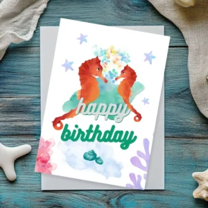 Watercolor seahorses birthday card with underwater background and “Happy Birthday” text