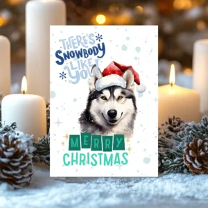 Cute Husky card with holiday message and snowy background – instant download