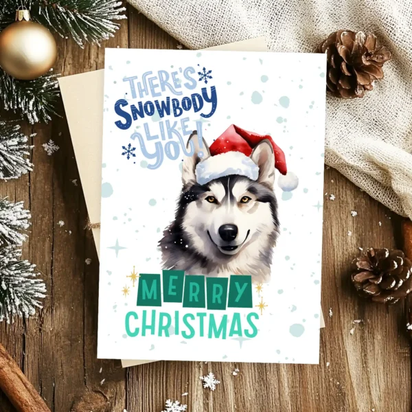Husky in Santa hat and snow – perfect for dog lovers this Christmas