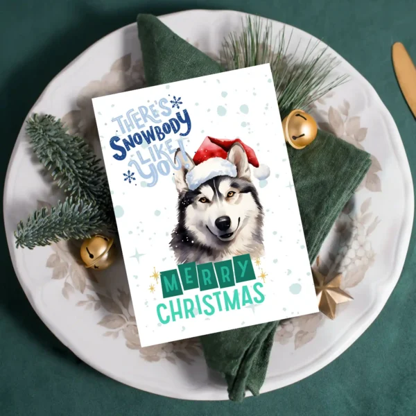 Christmas greeting card featuring a Siberian Husky and festive winter scene
