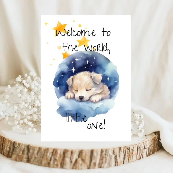 Adorable watercolor card showing a puppy napping on a cloud, with stars and the text "Welcome to the world, little one!"