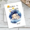 Cute card with a puppy sleeping on a cloud, surrounded by stars, celebrating a new baby with the message "Welcome to the world!"